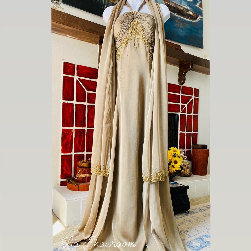Mother of the Bride  Graduation Prom Cocktail Old Gold Stoned Long Gown